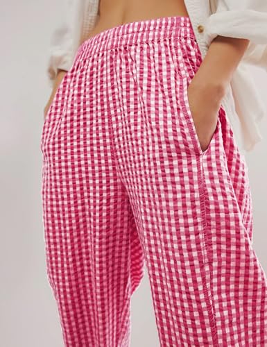 Image of PEHMEA Cotton Gingham Boxer Pants for Women Casual Plaid Harem Trousers Y2K Beach Lounge Bottoms with Pockets