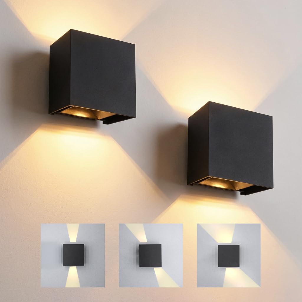KICAAO Wandleuchte LED Innen 2er Set, 10x10x5cm Up an Down Wandlampe, Einstellbar Abstrahlwinkel Aussenbeleuchtung Warmweiß 6W 3000K IP65 Aluminium Wandleuchte Innen/Aussen