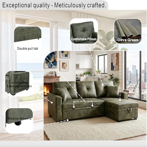 Image of KEIKI 71 inch Sectional Sleeper L Shaped Sofa with Pull Out Bed, Sleeper Sofa with Reversible Chaise, 3 Seater Modular Sectional Sofa with Storage for Living Room, Olive Green