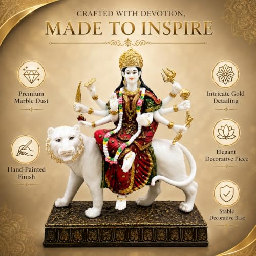 Image of ARMONIA Sherawali Devi Murti for Navratri Decor & Worship | Maa Durga Idol Sitting | Mata Murti for Home Decor, Mandir | Vaishno Devi Durga Mata Statue | Marble Dust Goddess Idol for Gift (11.81 Inch)