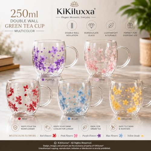 Image of KiKiluxxa 250ml Double Wall Glass Tea Coffee Mug Set of 2 | Glass Cups with Movable Decorative Flowers & Pearl Beads | Insulated Glass Mug for Tea, Coffee, Milk, Gift (Ruby Blossom+Golden Daisy)