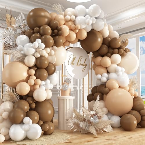 Image of 412Pcs Netural Balloon Garland Arch Kit, 5 10 12 18inch Brown Balloon Garland Arch Kit for Birthday Teddy Bear Baby Shower Neutral Party Decoration