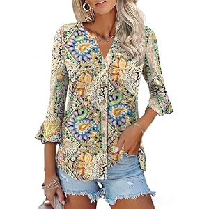 Ivicoer Women's Button Down T Shirts 3/4 Sleeve V-Neck Tops Casual Summer Ladies Tees Ruffle Bell Sleeve Tunic