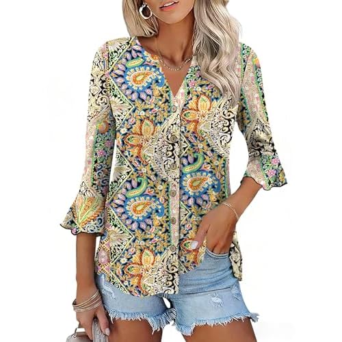Ivicoer Women's Button Down T Shirts 3/4 Sleeve V-Neck Tops Casual Summer Ladies Tees Ruffle Bell Sleeve Tunic