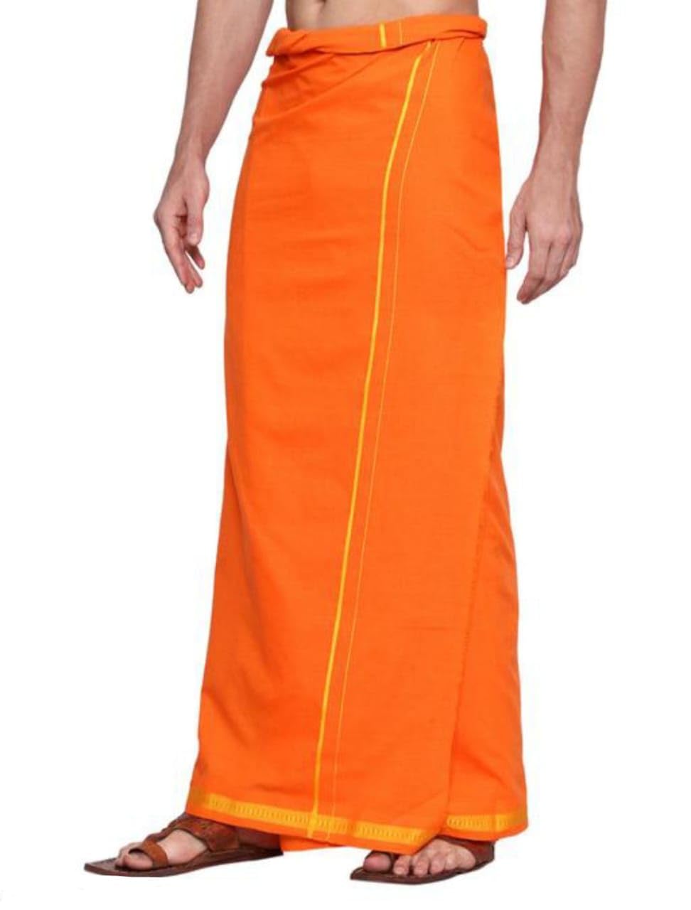 Men's 100% Pure Cotton Orange Dhoti with Golden Zari Border-picture-16