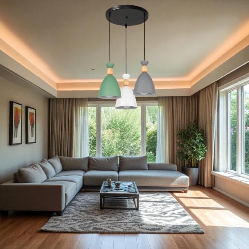 Image of Modern 3-Light Pendant Hanging Light for Ceiling, Aluminium Dome Hanging Lamp for, Grey Green White, Cluster Set