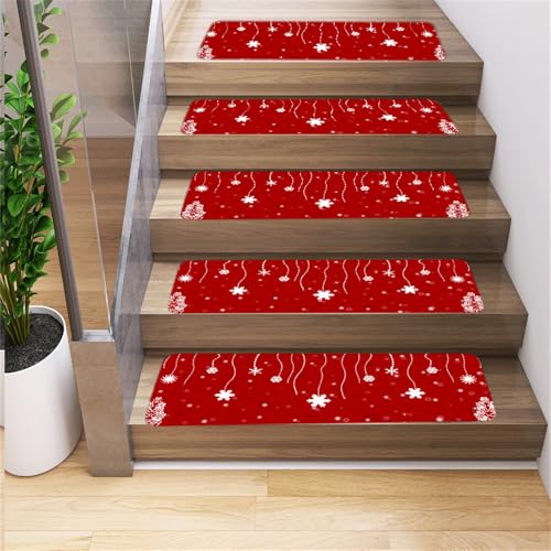 Surwin 5 Piezas Navidad Roja Alfombras de Escalera Antideslizantes Pisadas para Escaleras de Madera, Suave Interiores Alfombras Escalera con Respaldo de Goma Antideslizantes (76x20cm,Estilo A)