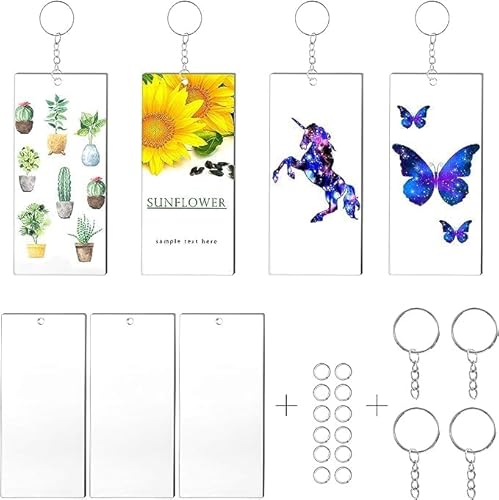 120 Pieces Rectangle Acrylic Key Chain Blank Set Including 40pcs Rectangle Clear Acrylic Ornament Blanks (3 x 7cm), 40pcs Key Chain Rings and 40pcs Jump Rings for Vinyl DIY Projects and Crafting