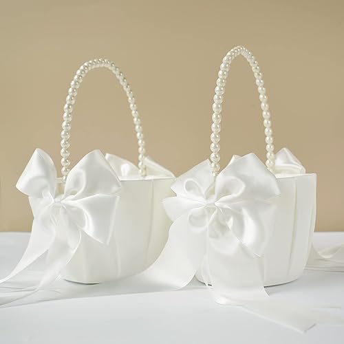 2 Pcs Wedding Flower Girl Baskets with Cute Pearl Handle Bowknot Satin Flower Baskets for Wedding Ceremony - Ivory