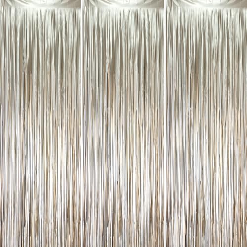 Voircoloria 3 Pack 3.3 x 8.2 ft Matte Champagne Foil Fringe Backdrop Curtains, Gold Tinsel Streamers Party Decorations, Fringe Backdrop, Door Shimmer for Graduation, New Years Eve, Birthday Party