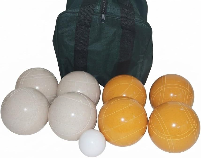 BuyBocceBalls Listing - Made in USA, Premium Quality Tournament Bocce Set - 110mm Gold and White Balls, Nylon Green/Black Bag, 998 Grams (2 lbs. 3.2 oz.). Various Bag Colors