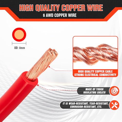 Image of 6 Gauge Wire 6 Awg Wire 5FT Black + 5FT Red, 6 Gauge Battery Cable 6 Gauge Marine Wire, 6 Gauge Copper Welding Cable Standard with Wire Lugs Terminal Connectors and Heat Shrink Tube