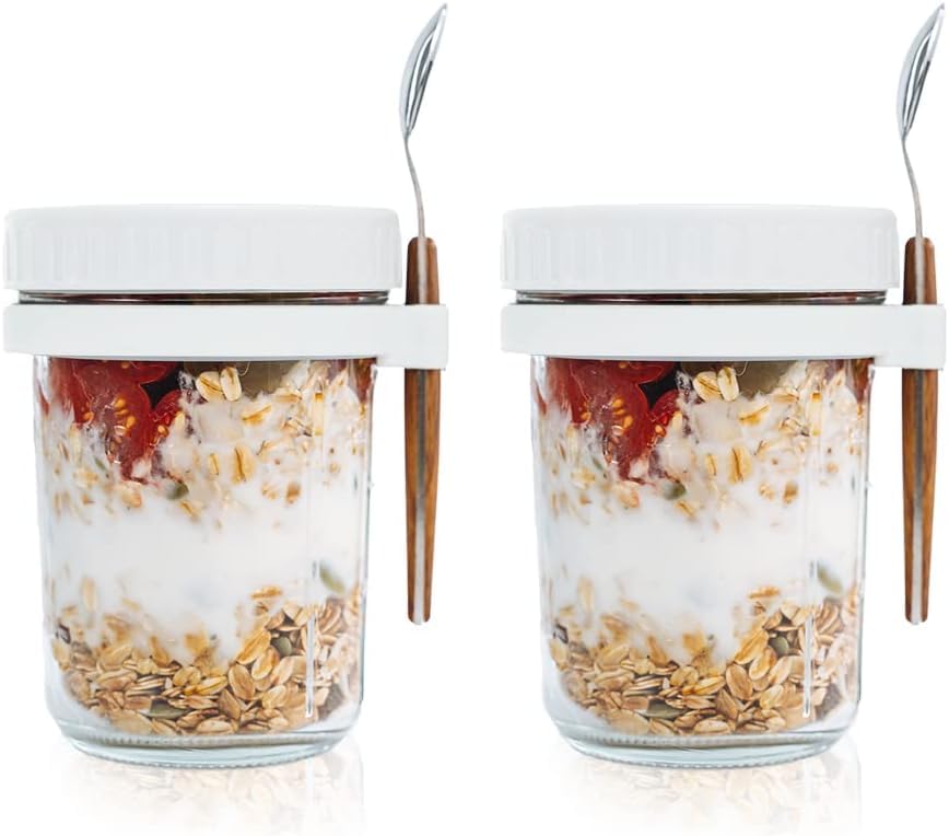 Ash & Roh Overnight Oats Containers with Lids and Spoons 350 ml Glass Mason Jars for Overnight Oats Leak Proof Oatmeal Container Great for Cereal Fruit Vegetable Milk Salad Yogurt (White 2) (B0CCKZ22N6) Amazon Price History, Amazon Price Tracker