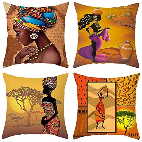 Black Woman Throw Pillow Covers Pack of 4 African Ethnic Tribal Pillow Cases Modern Art Square Decorative Cushion Covers for Sofa Couch 45x45 cm Cover