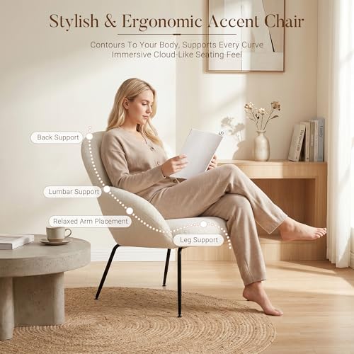 Image of Accent Chairs Set of 2 for Living Room, Boucle Fabric, Beige | Modern Accent Chair with Cloud Backrest, Soft Textured Boucle Fabric, Small Reading Chair for Sunroom, Reception Area
