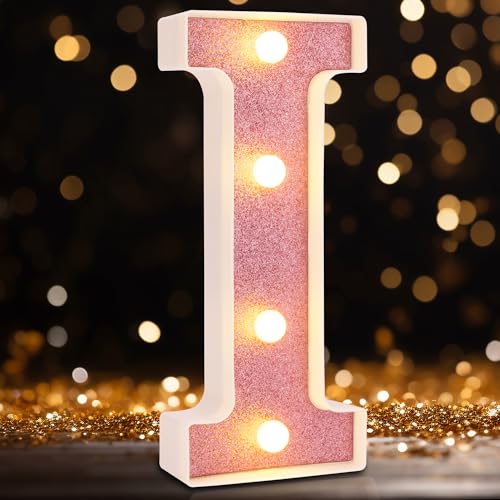 Image of Small Led Marquee Letters, Light Up Letters, 8.58 Inch Led Letter Lights, Battery Powered Lighted Sign for Table, Party, Birthday, Christmas Decor (Pink Glitter, Letter I)