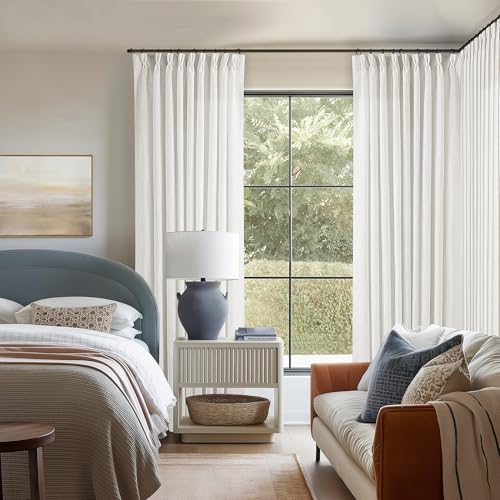 Image of 60 Inch Width Curtains 92 Inches Long Linen Pinch Pleated Curtains for Living Room Bedroom Semi Sheer Back Tab Hooks Rings Extra Wide Pinch Pleat Drapes for Patio Glass Door Beige White 1 Panel