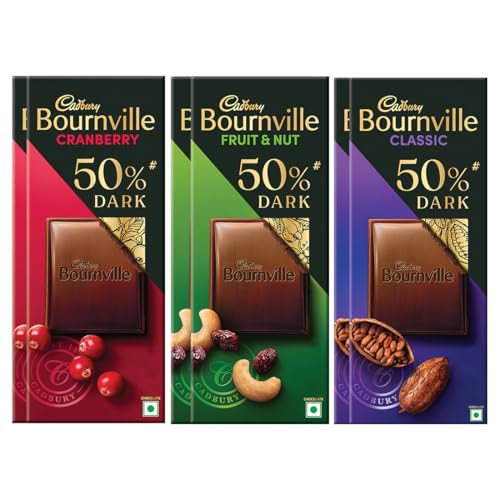 Image of Cadbury Bournville 50% Dark Chocolate Bars Combo (2 x Rich Cocoa 75 g, 2 x Fruit & Nut 75 g, 2 x Cranberry 78 g)