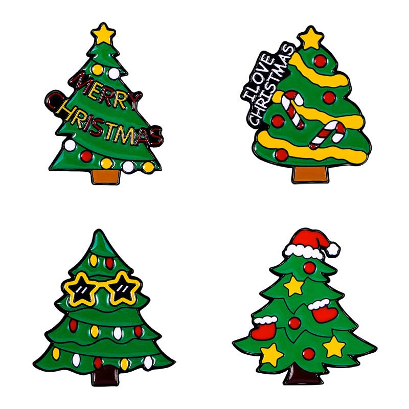 Broche d'arbre de Noël et renne en émail coloré pour fêtes | Lot de 4 pièces
