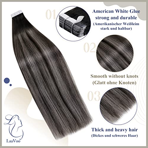 LaaVoo Tape in Hair Extensions Human Hair Black Tape Hair Extensions Real Human Hair 24 Inch Invisible Tapes Remy Straight Balayage Natural Black & Silver Hair Double Sided Tabs 20pcs 50g #1b/s/1b - Image 2