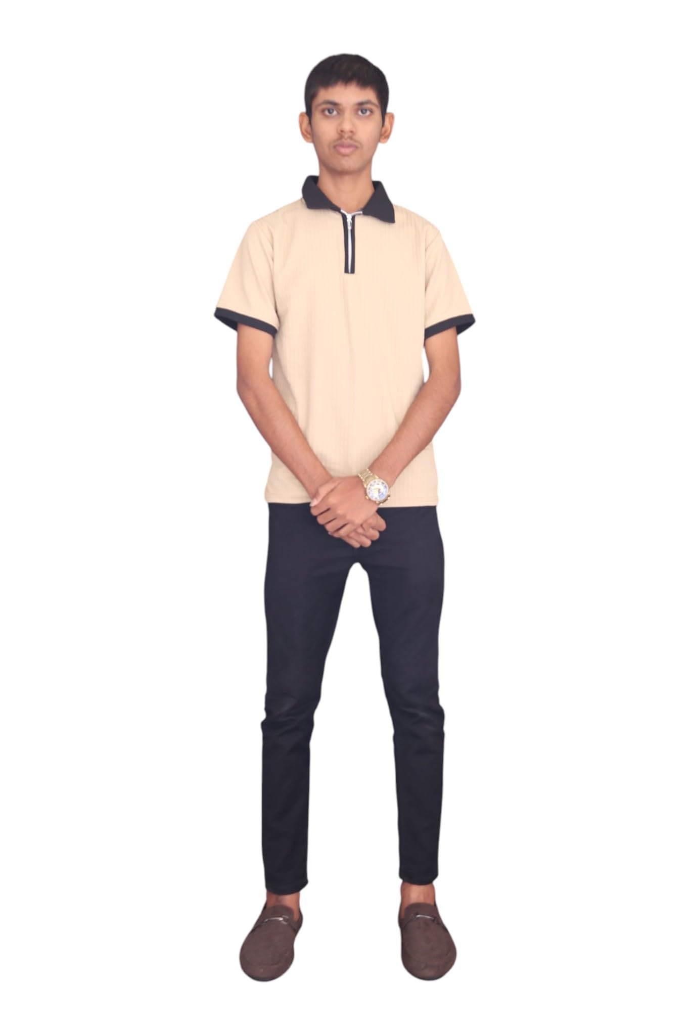 Man's formal wear set with brown trousers and polo shirt-image-18