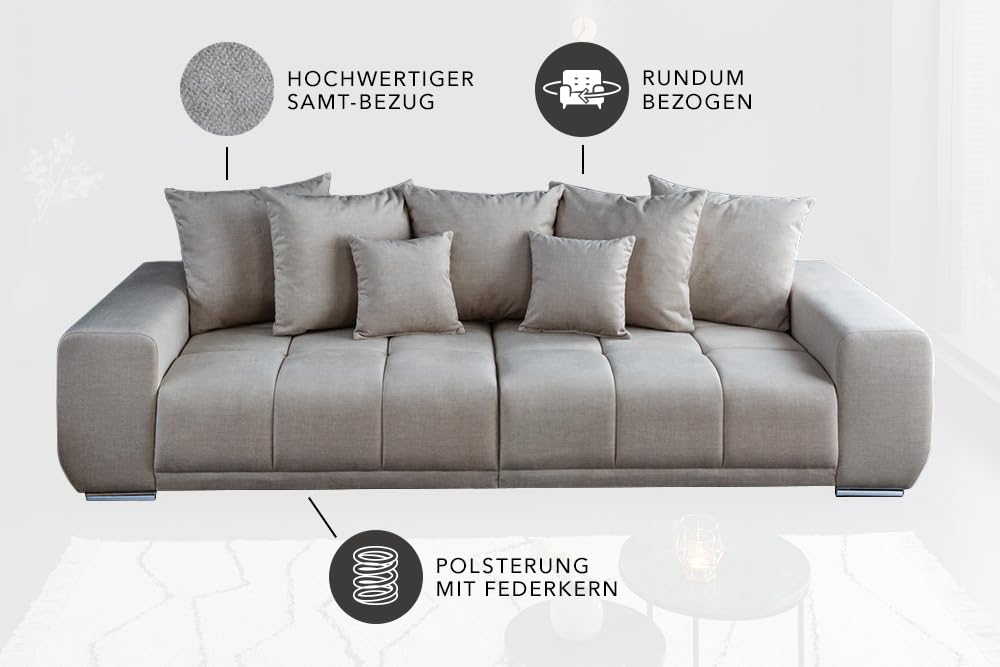 Riess Ambiente Extravagantes XXL Sofa ELEGANCIA 285cm Champagner beige Samt inkl. Kissen Bigsofa