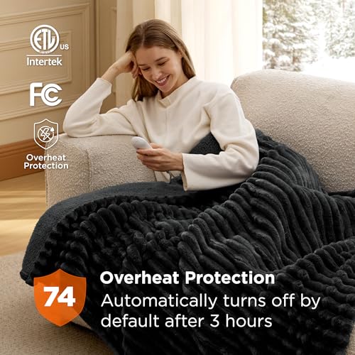 Image of Bedsure Heated Blanket Electric Throw - Thick Striped Flannel Electric Blanket, Heating with 4 Time Settings, 6 Heat Settings, and 3-Hour Timer Auto Shut Off, Gift for Grandma (50x60 inches, Black)