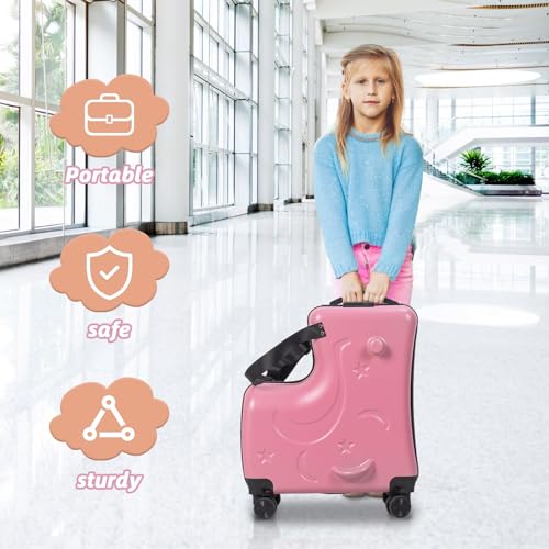 Suitcase 20" Carry on Luggage with Casters, Impact Resistant Rolling Children Travel Suitcase with Seat and Safety Belt, Large Capacity Carry-on Luggage with 4 Spinner Wheels Pink3