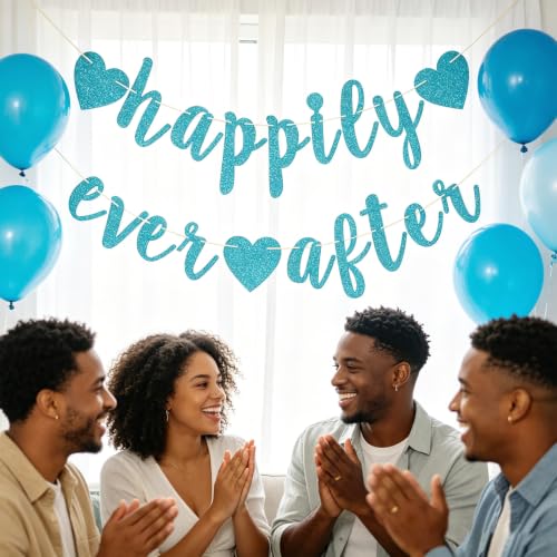 Image of Happily Ever After Glitter Bunting Banner, Engagement, Bridal Shower, Wedding Party Photo Booth Props Signs,Pre-Strung Cursive Bunting (Blue)