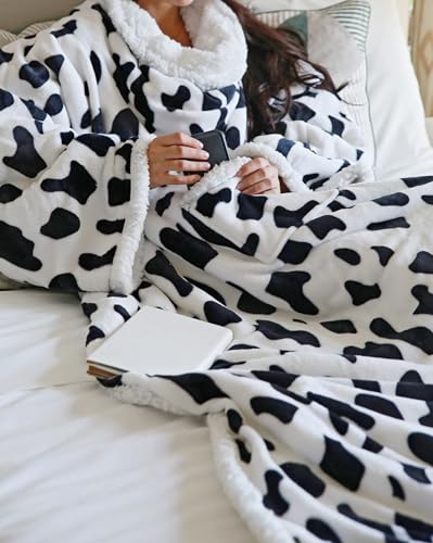 Image of Catalonia Sherpa Wearable Blanket with Sleeves Arms, Super Soft Warm Comfy Large Fleece Plush Sleeved TV Throws Wrap Robe Blanket for Adult Women and Men, Cow