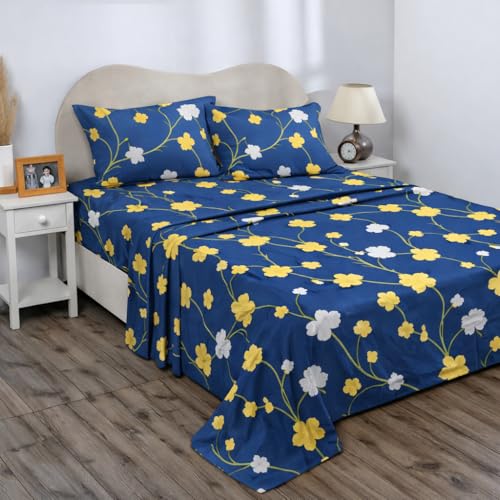 Image of BSB HOME 2 Bedsheet Combo Set with 4 Pillow Covers - Premium Cotton Glace Cotton Microfiber Printed Double Bedsheets, 2 Elegant Colors, Soft Breathable Luxury Bedding Set - Blue and Yellow