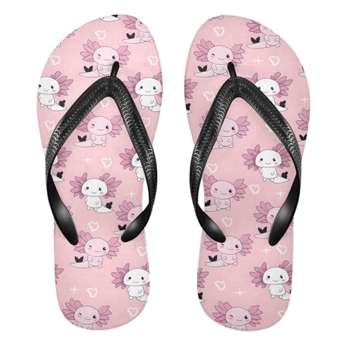 ALAZA Lovely Axolotls Doodle Heart Flip Flops for Women Fashion Beach Slippers Comfort Mens Flip Flops Non-Slip Rubber Shower Slippers Sandal for Hotel Travel Sport,XS