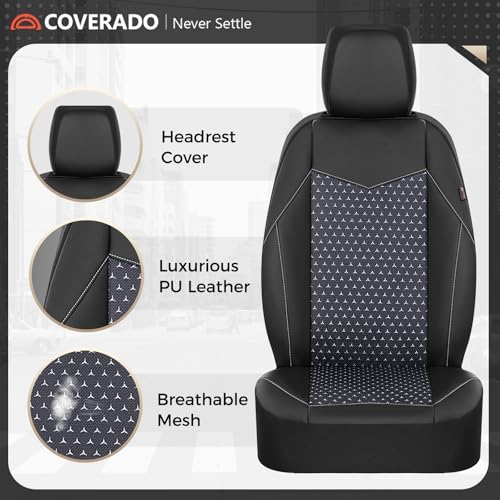 Image of Coverado Front Seat Covers, Breathable Mesh & Leather Car Seat Protectors, Black Driver Seat Cover, Car Seat Cushions, Universal Automotive Seat Covers Fit for Most Sedans SUV Truck, Black