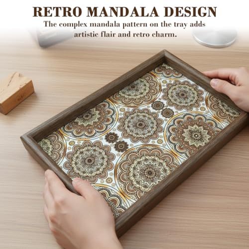 Image of HASTHIP 1-Pack Entry Wooden Organizer Tray Jewelry Storage Tray Retro Mandala PU Leather Liner Wooden Shallow Storage Tray for Keys Coins Jewelry and Daily Essentials, 30x20x2.5cm