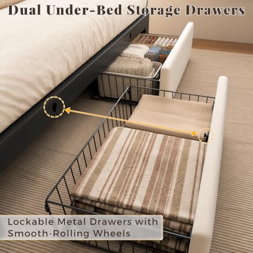 Image of Queen Bed Frame with 2 Storage Drawers, Beige Velvet Upholstered | Platform Bed with Charging Ledge, LED Headboard Lighting, Metal Support, Noise Free, No Box Spring Needed, Easy Assembly