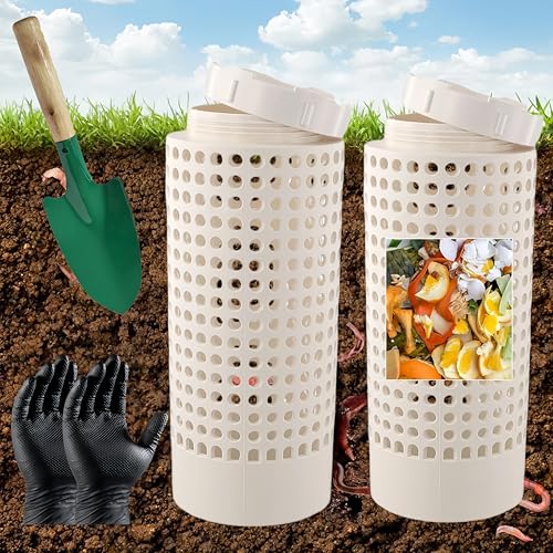 Inground Worm Composter, Outdoor Worm Farm Compost Bin Kit with Lid for Raised Garden Beds, Reducing Food Waste Composting Systems - with Gloves & Shovel(10.24 * 4.3 * 4.3 in (2 PCS))