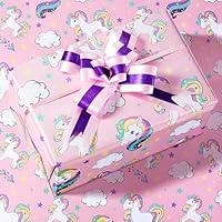 6 Sheets Girls Unicorn Wrapping Paper 70 x 50 cm with 6 Pieces Ribbon Pull Bow Birthday Pink Wrapping Paper Purple Bows for Gift Kids Children