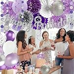 Purple Silver Birthday Party Decorations Kit with Happy Birthday Banner, Paper Lanterns, Streamers, Tissue Pom Poms, Honeycomb Flower Fans, Silver and Purple Balloons, & More for Women Girls' Party - Image 4