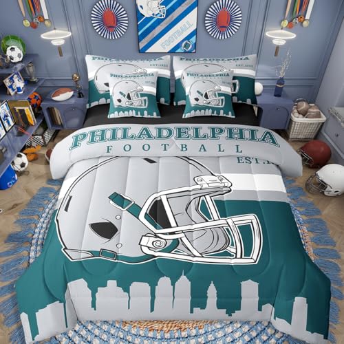 Erosebridal 7 Pcs Comforter Set Queen Sports Bedding Set Football City Bed in A Bag with Flat and Fitted Sheet for Kids Teens Adults Yellow and Purple Ruby Bed Set with Sheets
