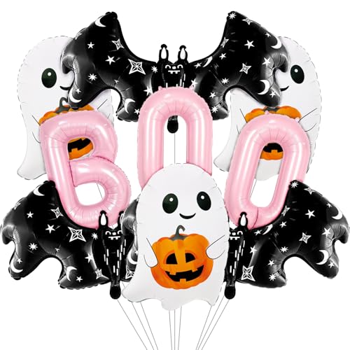 9 PCS Halloween Party Decorations Cute Halloween Balloons Pink BOO Letters Ghost Bat Foil Balloon Ghost Balloons for Girls Kids Birthday Baby Shower Masquerade Themed Party Decorations