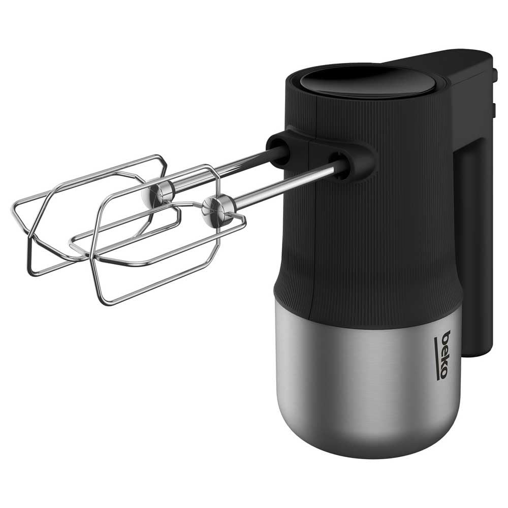 BEKO, Batteur, Puissance : 500 W, 4 vitesses + Turbo, Fouets + crochets en acier inoxydable résistants au LV, Bouton d’éjection, Poignée ergonoique, Noir et Inox