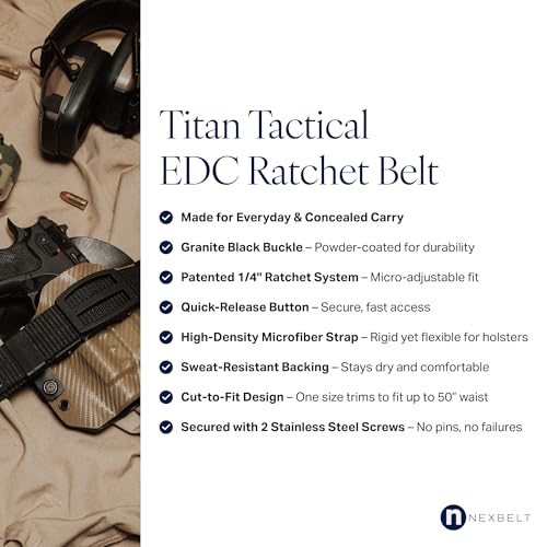 Nexbelt Titan Ratchet EDC Tactical Gun Belt – 1.5" Micro-Adjustable Strap, Quick-Release, Fits Up to 50" Waist, IWB/OWB2