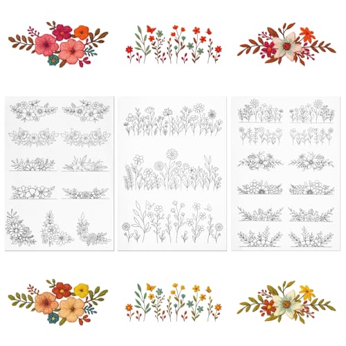 Water Soluble Embroidery Stabilizer 3 Sheets Water Soluble Stabilizer for Embroidery Patterns Stick and Stitch Embroidery-Paper Designs Transfer Paper with Pre-Printed Flower Leave for Hand Sewing