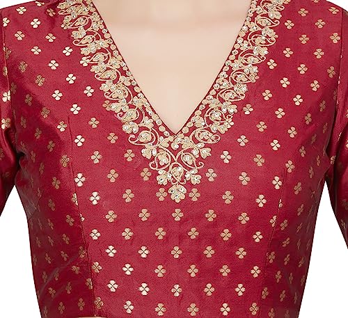 Image of Studio Shringaar Women's Brocade Embroidered V-Neck Readymade Elbow Length Sleeves Saree Blouse