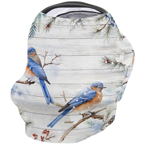Nursing Cover for Breastfeeding Scarf, Blue Bird Red Berries Pine Branch Wood Grain Christmas Baby Car Covers Super Soft Multi Use for Canopy Shopping Cart Cover Blanket Stroller Cover