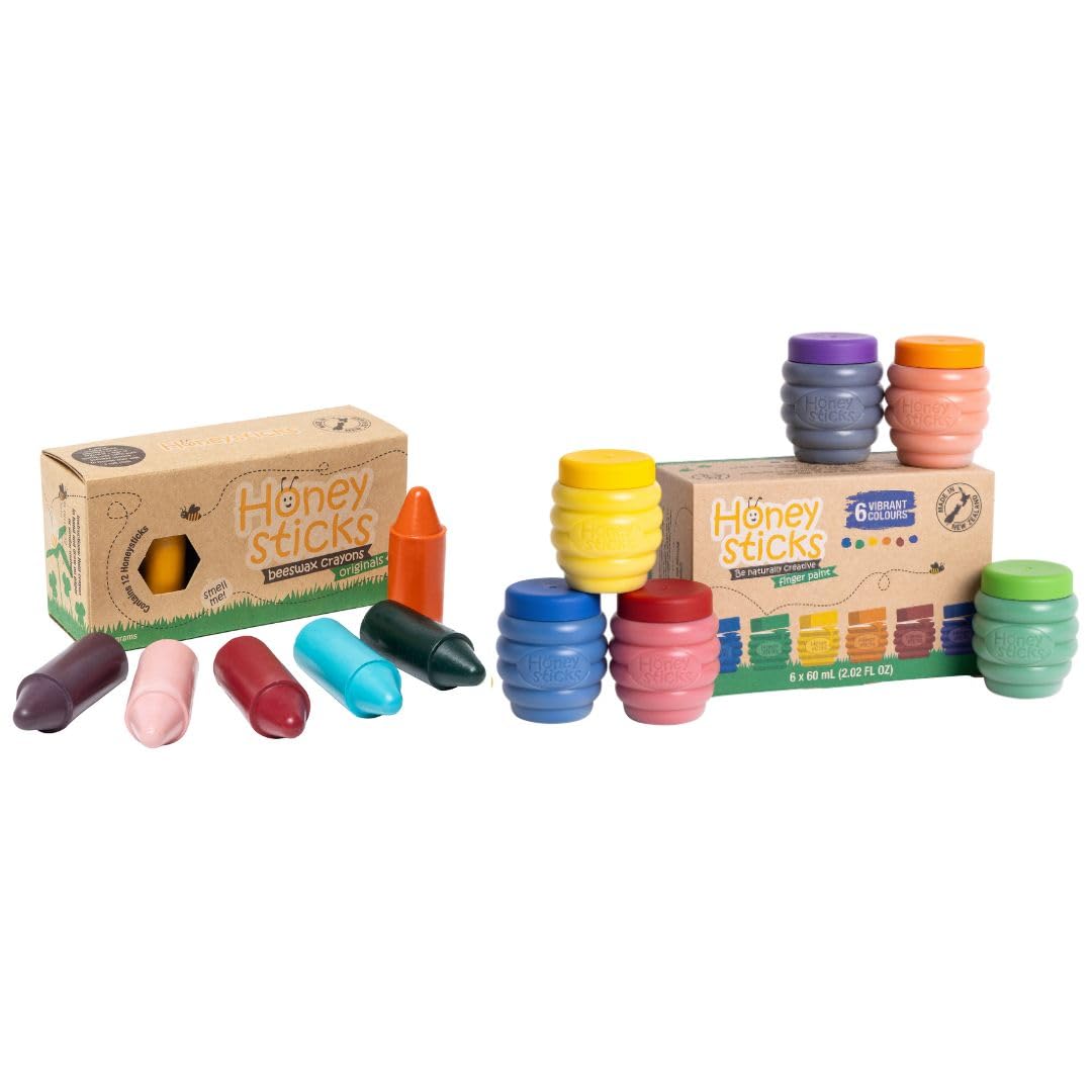 Honeysticks Non Toxic Finger Paint (6 Bright Colors) and 100% Pure Beeswax Crayons (12 Pack), Perfect Gifting for Toddlers and Children, Non Toxic, Natural - Made with Care in New Zealand