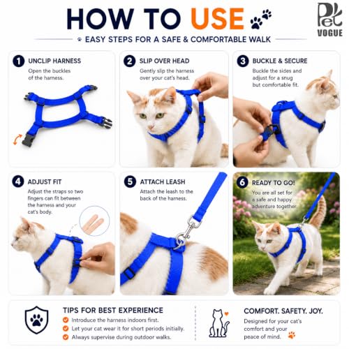 Image of PetVogue Basic Full Body Cat Harness with Leash Set for Walking for Cats Adjustable Soft Sturdy Escape Proof Kitten Vest Harness and Leash with Reflective Strip for Large Medium Small Cat (Blue)