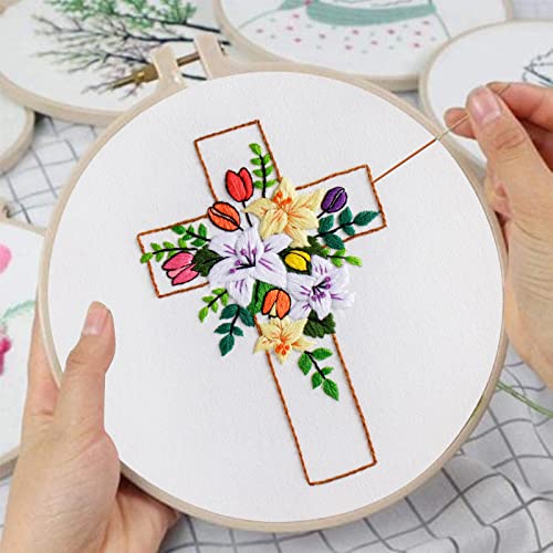 Image of Louise Maelys Cross Lily Pattern Embroidery Starter Kit,Cross Stitch Kits for Adults with Embroidery Hoop Needles Threads Instruction -Easter Jesus