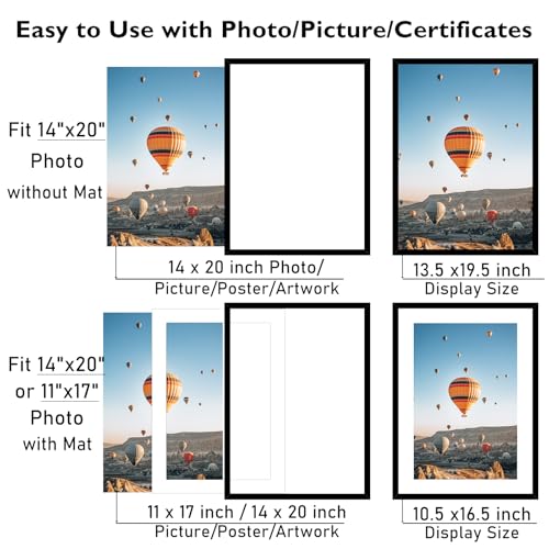 Image of JCJMY 14x20 Picture Frame with 11x17 Mat, Display Photo 11x17 with Mat or 14 x 20 Without Mat, Wall Hanging Large 14 by 20 Poster Frame with Plexiglass, Black