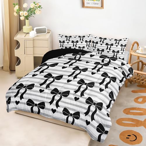 Image of AILONEN Black Bow Comforter Twin 3 Piece Monochrome Stripe Bedding Aesthetic Ribbon Heart Quilt Soft Microfiber Padded Blanket Girls Dorm Decor Trendy White Coverlet 2 Pillowcases